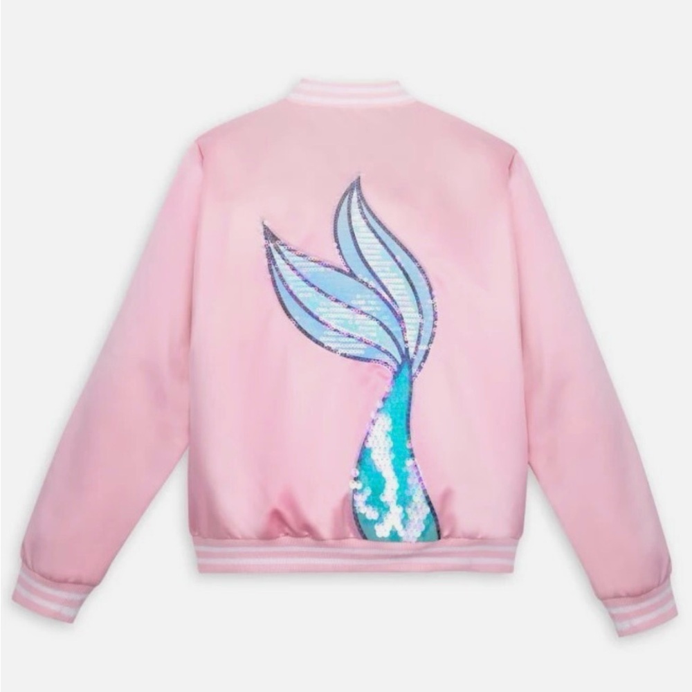 Little mermaid Pink satin bomber Jacket with Sequin Mermaid Tail Design